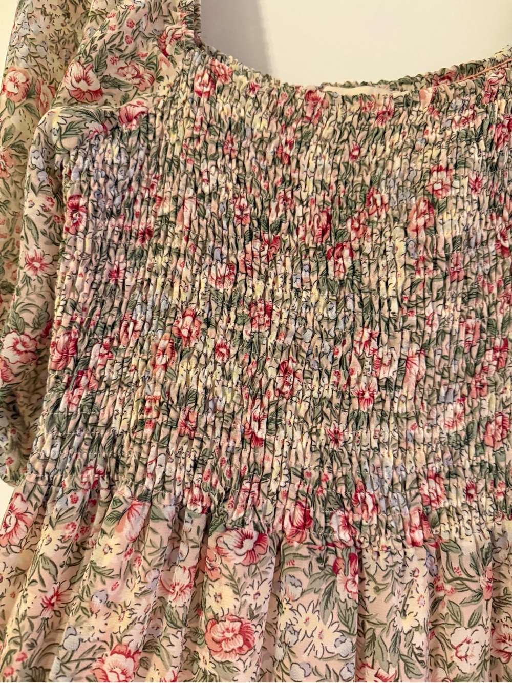 NWOT Roolee Floral Smocked dress and tiered ruffles in Green, Pink, Cream - Picture 2 of 6